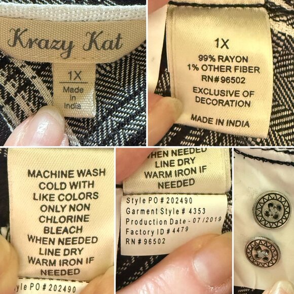 Krazy Kat Womens Black/White Plaid Button-Up Shirt Size 1X Long Sleeve Collar - Picture 9 of 11